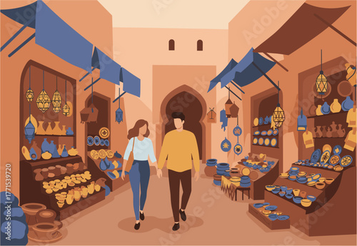 Exploring local markets couples strolling through vibrant souks morocco digital warm atmosphere eye-level view