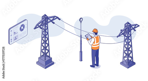 Utility worker inspecting power lines with digital tablet