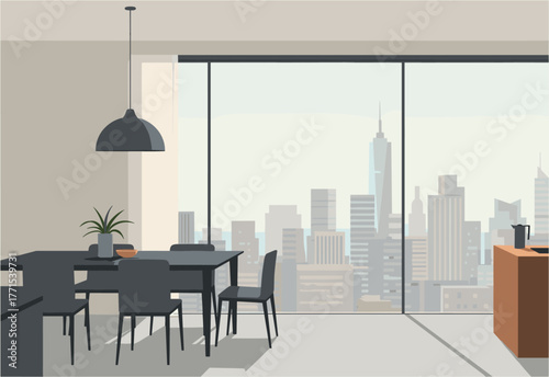 Modern dining experience with city view urban apartment interior design minimalist style daytime lifestyle inspiration
