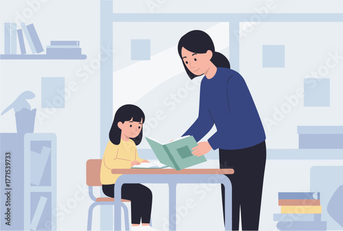 Educational interaction between mother and child home setting digital cozy environment view learning concept