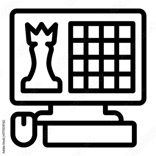 Computer with game app line icon, online chess concept. Vector graphics. Gaming sign on white background, style icon mobile or web design.
