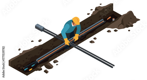 Construction worker installing pipes in isometric trench scene