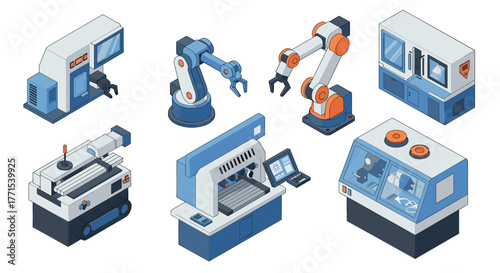 Isometric industrial machines: futuristic robotics and automation designs