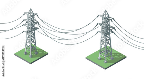 Isometric power lines over green field with detailed transmission towers
