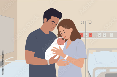 New parents embrace their newborn in hospital room heartwarming family moment intimate joyful emotions