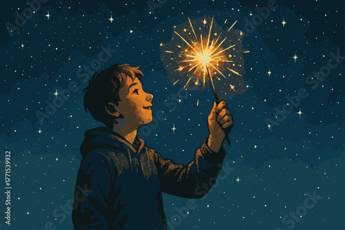 Child playing with sparkler under starry sky nighttime digital whimsical embracing joy