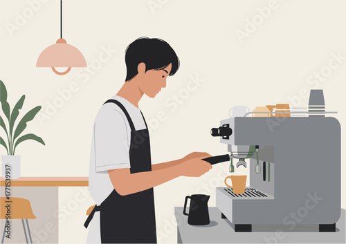 Crafting artisan coffee beverages indoor coffee bar barista skills highlight modern atmosphere side view perspective