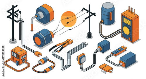 Isometric power grid components with tools in orange and blue design