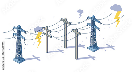 Isometric power lines in stormy weather with lightning and rain