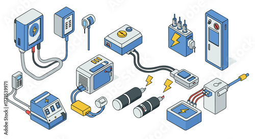 Isometric electrical equipment set with plugs, chargers, and cable connections