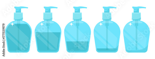 Plastic bottles with dispensers for liquid soap, gel, or shampoo. Hand wash cosmetic. Skin care product. Packaging with pump. Vector set of glass containers with different fluid levels