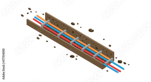 Isometric underground cable trench with colorful wires and concrete support