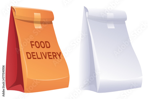 Paper bag for delivery or food packaging. Lunch craft sack. Supermarket order. Disposable packet. Grocery or fastfood snack packing. Isolated packs set. Vector takeaway meal packages