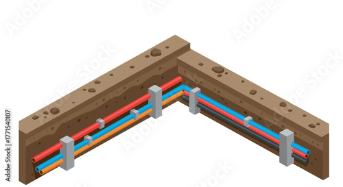 Underground pipe network in isometric perspective with soil cross-section