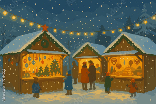 Festive christmas market celebration winter wonderland snowy environment cozy atmosphere