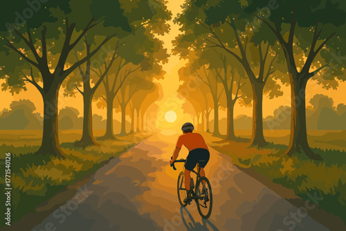 Cyclist riding through tree-lined pathway at sunset nature scene outdoor environment serene viewpoint