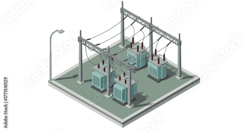 Isometric power substation with transformers and electrical infrastructure
