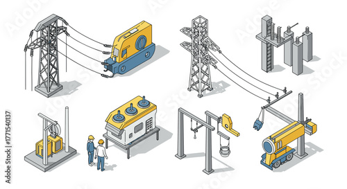 Isometric power infrastructure elements with transformers and pylons