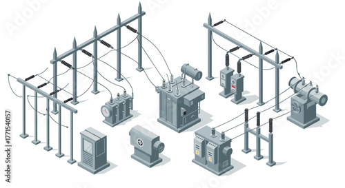 Isometric power substation with electrical components and high voltage equipment