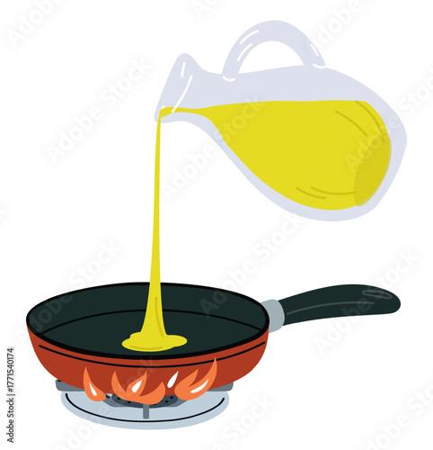 Olive oil from glass bottle is poured into heated pan. Preparing for frying. Saucepan on stove fire flame. Oily liquid jug. Cooking recipe. Kitchen oven. Baking kitchenware. Vector concept