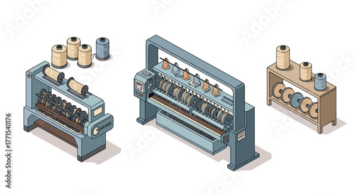 Industrial textile machines and thread spools in isometric design