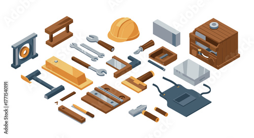 Comprehensive isometric tool set with hard hat and workbench elements for construction and carpentry projects