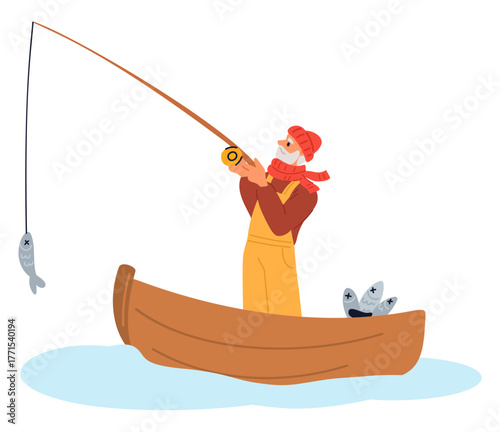 Old fisherman catches fish with angler rod in wooden boat. Male hobby. Grandparent angling perch or carp. Elderly fisher outdoor active leisure. Fishing tackle with bait. Vector concept