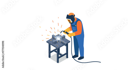 Isometric welder working on metal with sparks
