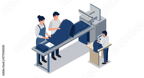 Isometric textile workshop scene with seamstresses and sewing machines