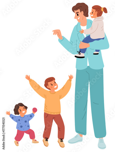 Male pediatrician surrounded by happy children. Cheerful patients. Pediatric consultation. Appointment with kids medic. Man doctor with joyful babies. Hospital visit. Vector concept