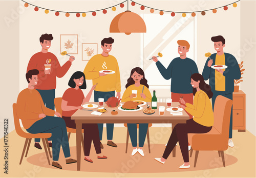 Celebration dinner with friends cozy dining room digital warm atmosphere group perspective