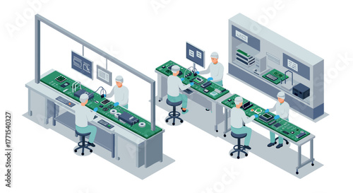 Isometric electronics assembly room with engineers in modern manufacturing facility