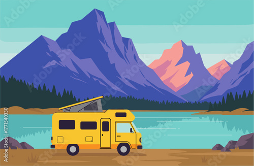 Adventure road trip in a yellow camper van scenic mountain lake digital outdoor serenity wide angle view