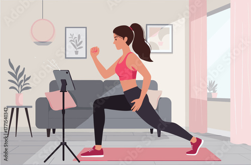 Home workout routine living room digital content indoor environment side view fitness motivation