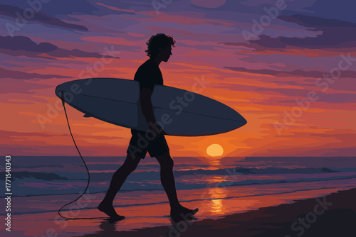 Surfer walking on beach at sunset seaside digital serene environment side view adventure lifestyle