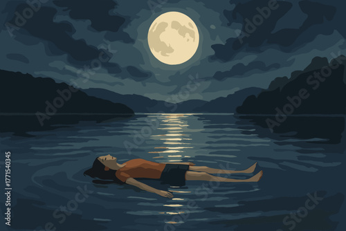Floating in serenity under the full moon tranquil lake digital nighttime peaceful reflection