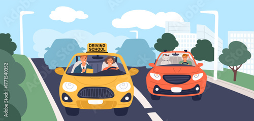 Male instructor is driving in car next to student. Girl learning traffic rules. Driver license obtaining. Vehicle transportation study. Auto school exam. Vehicle on road. Vector concept