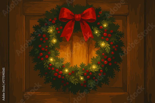Festive christmas wreath adorning front door holiday warm atmosphere cozy environment view