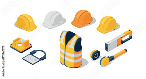 Isometric construction tools and safety gear collection on white background