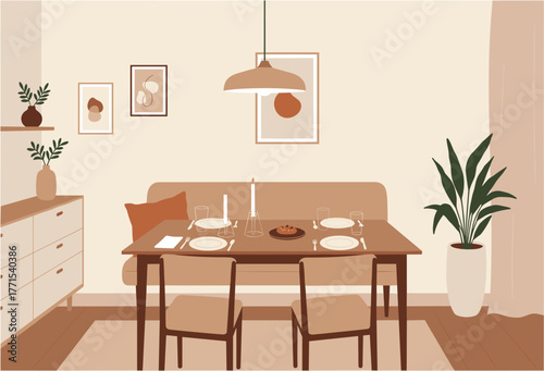 Dining room table setup with decorative elements cozy home digital indoor perspective modern design