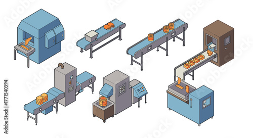 Isometric factory machines: industrial bread processing workflow in a bakery setting