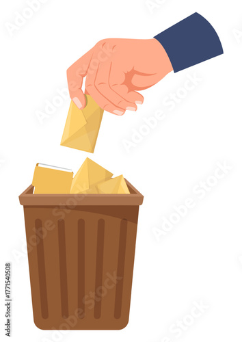 Hand tosses unwanted emails and files into trash. Deleting data and unnecessary information. Big arm putting letter envelopes and document pages into dustbin. Spam basket. Vector concept