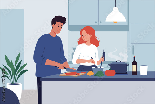 Cooking together engaging food preparation scene in a modern kitchen cozy atmosphere intimate viewpoint