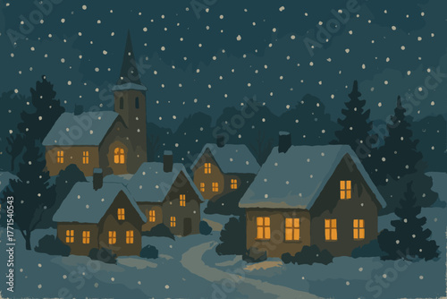 Snowy winter village scene at night cozy homes with lights tranquil atmosphere rural setting serene landscape