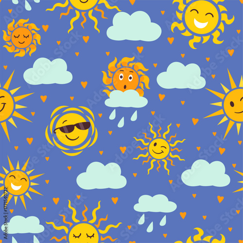 Cartoon weather icons seamless pattern. Summer sun character fun. Rainfall and sunshine. Meteorology forecast. Repeated print. Surprised of downpour. Overcast cloud. Vector background