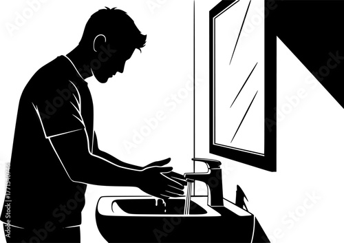 ChatGPT said:

Man Bathroom Silhouette – Black Vector Illustration, Washing Hands, Hygiene, Sink and Mirror, Restroom Scene, Cleanliness, Personal Care, Health, Clipart, Editable Vector Design.