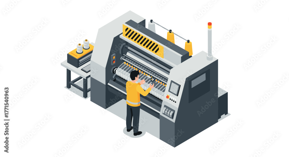 Obraz premium Industrial printing machine operation in modern factory isometric design
