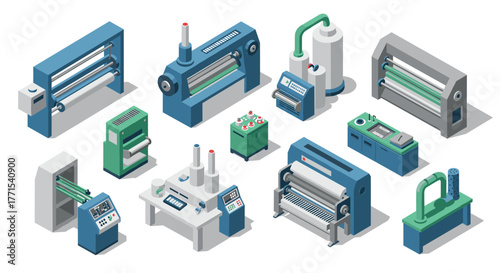 Isometric industrial printing equipment set for modern production facilities