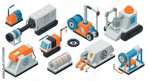 Isometric industrial machinery set: modern equipment icons in orange and blue