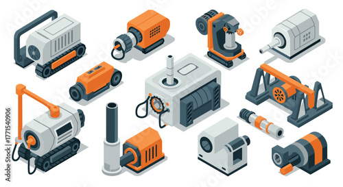 Isometric industrial machines and equipment set featuring modern engineering designs